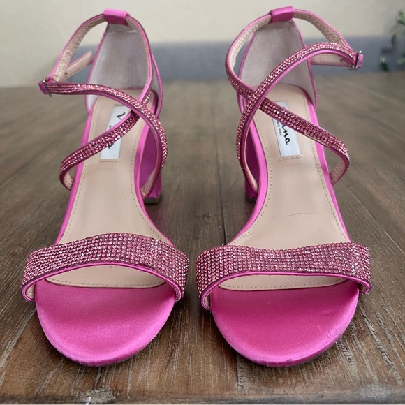 NINA Shoes Henesi Rhinestone Open Toe Hot Pink Heels Satin SZ 7.5 - Picture 4 of 13